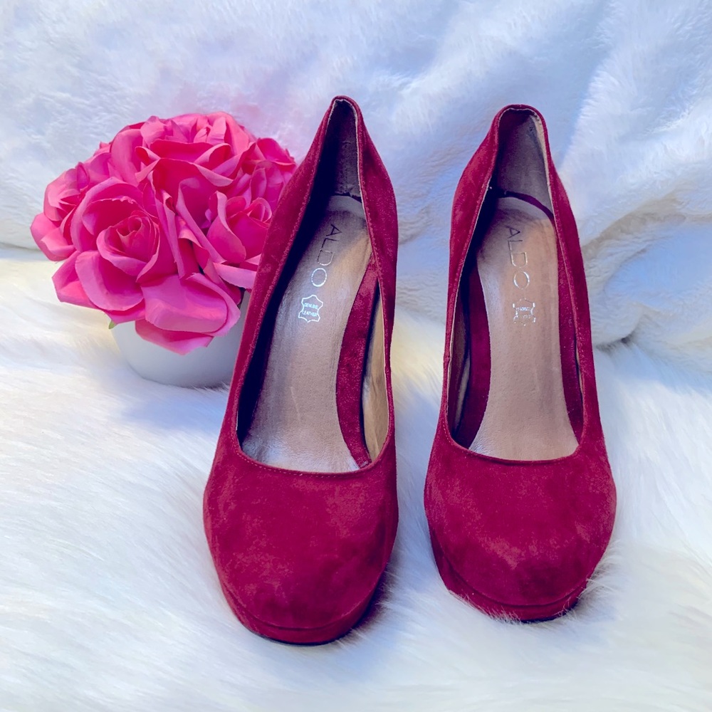 Aldo Burgundy Suede Platform Chunky Heels Pump